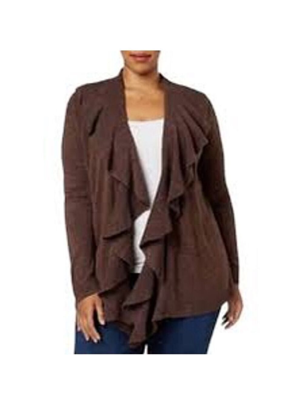 Karen Scott Ruffle Open Front Cardigan Sweater M Chocolate Brown